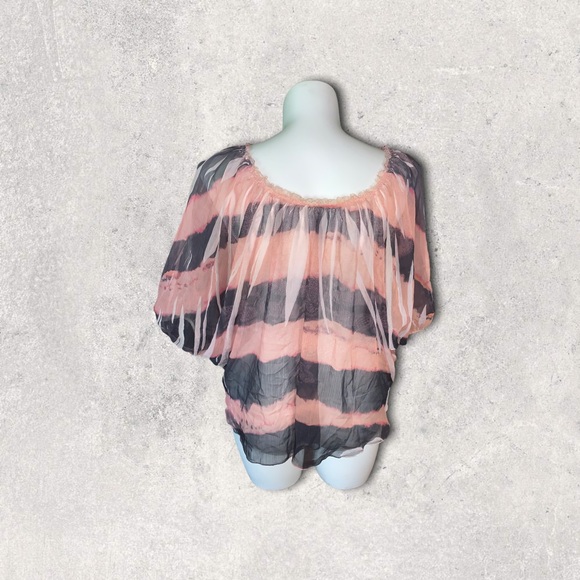 Robin K Sheer Batwing Blouse Pink Black Striped Top Size M Flowy Boho Chic - Picture 9 of 13
